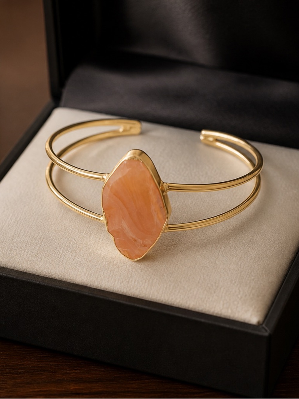 Gold Cuff Bracelet with Peach agate stone